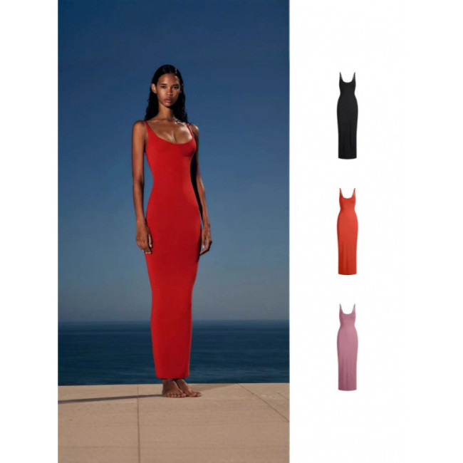 Round Neck Strap Dress Long Skirt SMOOTH LAYERS SCOOP NECK LONG