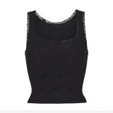 -style pink lace camisole with rhinestone letter logo, stretchy and slimming