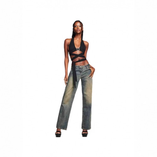 European and American hot girls' vintage-style distressed jeans, same style low-waist loose straight-leg pants