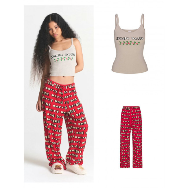 Christmas limited edition sweet and cute cartoon casual long pants with suspenders, suitable for wearing outside as loungewear set