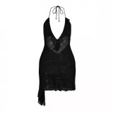 American-style sexy hot girl print V-neck asymmetrical strap dress with open back, ruffles, and tie straps