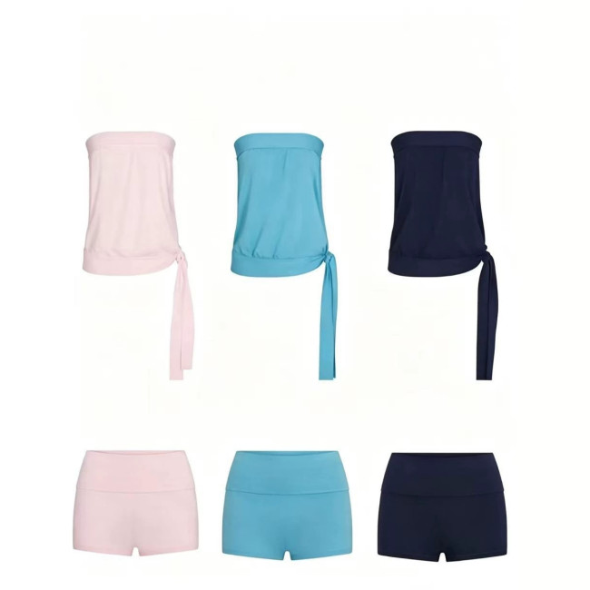 new summer style sexy solid color side-tie strapless top gentle versatile slimming casual shorts set