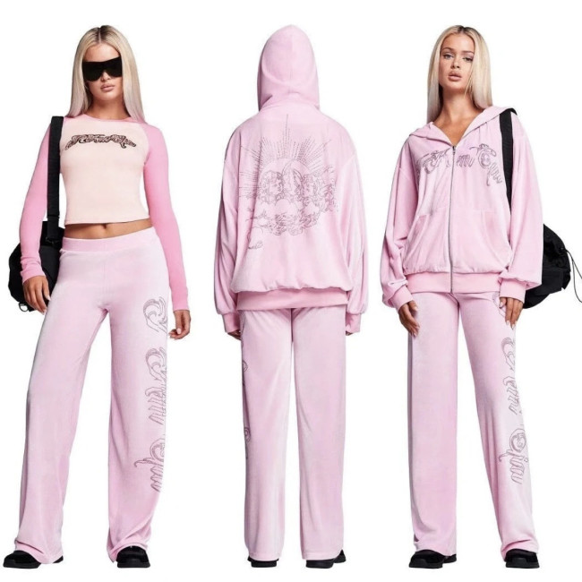 New autumn and winter hooded casual long-sleeve loose-fit letter rhinestone zipper sweatshirt set