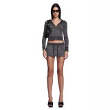 Super hot-dye waffle texture zip-up hoodie jacket, slimming short skirt set, low-waist tight pants