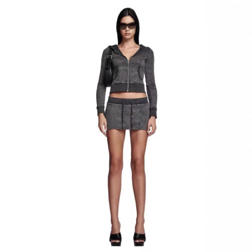 Super hot-dye waffle texture zip-up hoodie jacket, slimming short skirt set, low-waist tight pants