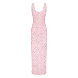 SOFT LOUNGE Lace Floral Stretch Dress Ribbed Backless Strap Long Dress