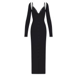 SOFT LOUNGE LACE New Ribbed Lace Trim Faux Two-Piece Long Sleeve Slim Dress