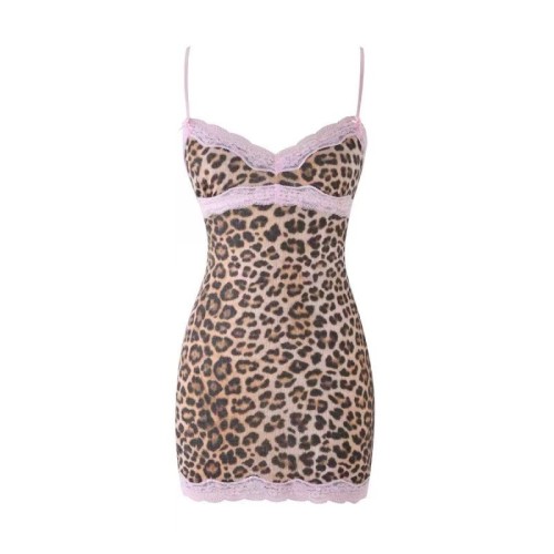 New color-blocked lace spliced leopard print camisole dress slim-fit mini dress