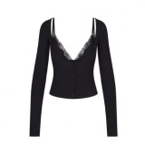 alternative softlounge same style black sexy lace faux two-piece long-sleeve top
