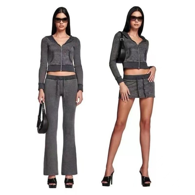 Super hot-dye waffle texture zip-up hoodie jacket, slimming short skirt set, low-waist tight pants