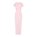 NEW VINTAGE Long Dress with Slit Ribbed Bodycon Dress Short Sleeve Long Dress
