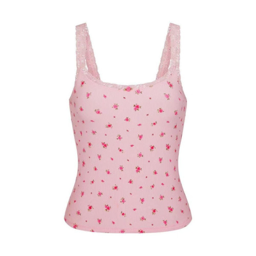 floral pink stretchy tight top with lace straps