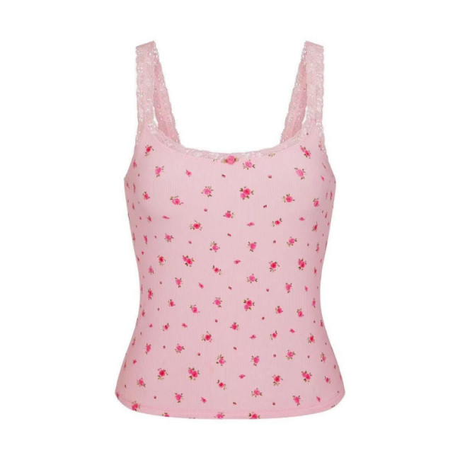 floral pink stretchy tight top with lace straps