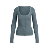 25 Autumn Pure Desire Buttoned Square Neck Long Sleeve T-Shirt for Women Slim Fit Top