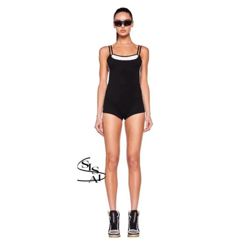 New style one-piece jumpsuit with contrasting color splicing and faux two-piece design, sports suspender jumpsuit