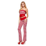 New fashion striped zip-up tube top casual relaxed slim-fit long pants comfortable simple set