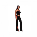American hot girl style black and red color-blocked retro sports suit for women, with a tube top and straight wide-leg pants