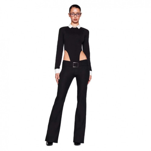New autumn American retro black and white contrast color lapel half-zip long-sleeve slim-fit jumpsuit for hot girls