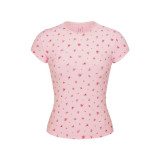 floral pink stretchy tight-fitting short-sleeve T-shirt with lace trim