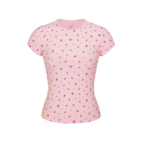 floral pink stretchy tight-fitting short-sleeve T-shirt with lace trim
