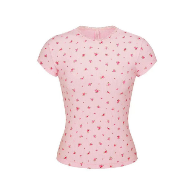 floral pink stretchy tight-fitting short-sleeve T-shirt with lace trim