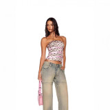 European and American sexy leopard print sleeveless pink ribbon cross-strap tight-fitting crop top for summer