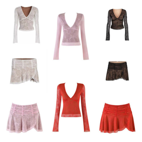 European and American hot girl pure desire lace sexy V-neck long-sleeve top with see-through design, sweet and spicy girl outfit