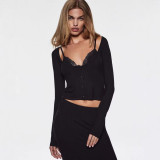 alternative softlounge same style black sexy lace faux two-piece long-sleeve top