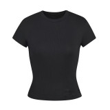 top T-shirt short sleeve stretch slim fit Kylie style ribbed pure cotton crew neck base shirt