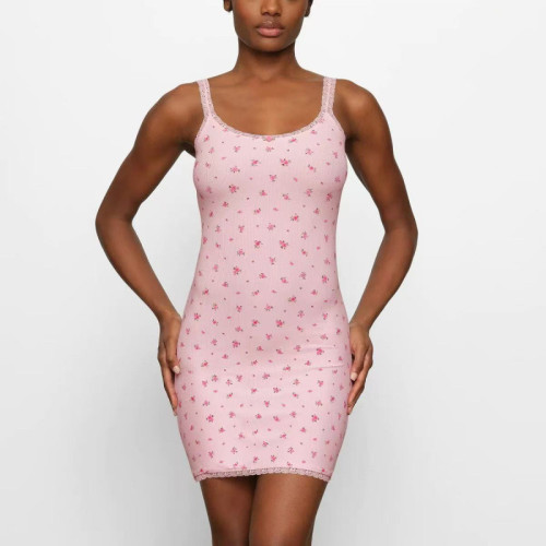 floral print pink camisole mini dress with lace trim and elastic bodycon design
