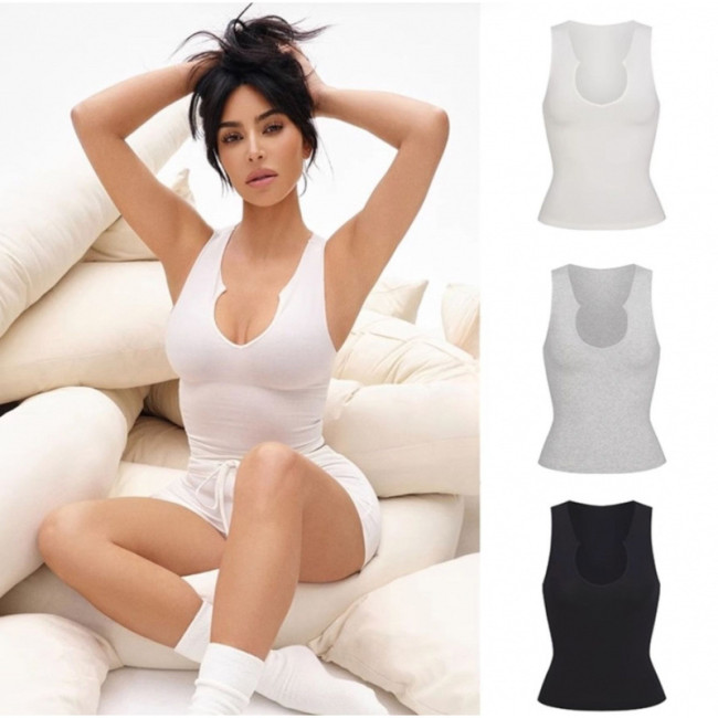 -style heart-neck sleeveless tank top, pure cotton casual tank top, V-neck T-shirt for layering