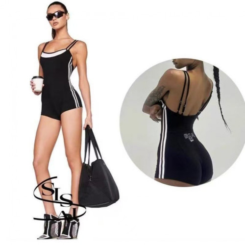 New style one-piece jumpsuit with contrasting color splicing and faux two-piece design, sports suspender jumpsuit