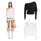European and American hot girl one-shoulder, slightly exposed shoulder, long-sleeve, fashionable versatile top and denim skirt set