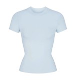 New  top T-shirt, short-sleeved, stretchy, slim-fit, Kylie-style ribbed pure cotton round-neck base shirt