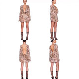 European and American sexy deep V backless long-sleeve dress, bodycon skirt, short skirt, hot girl vacation leopard print Y2K cover-up