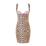 New Fashionable Sexy Leopard Print Lace PIPPA Color Block Square Neck Sleeveless Slim Dress