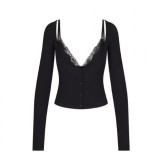alternative softlounge same style black sexy lace faux two-piece long-sleeve top