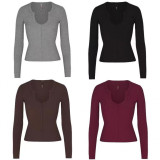 -style ribbed open small U-neck SOFT LOUNGE base shirt long-sleeve T-shirt women's top