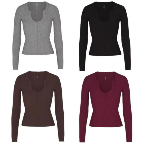 -style ribbed open small U-neck SOFT LOUNGE base shirt long-sleeve T-shirt women's top