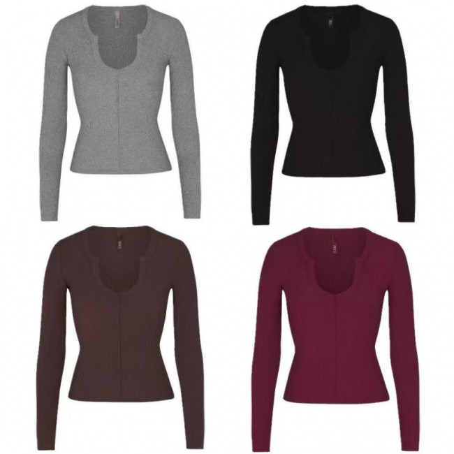-style ribbed open small U-neck SOFT LOUNGE base shirt long-sleeve T-shirt women's top