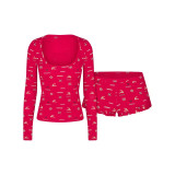 Christmas limited edition ins-style pure and desirable French floral U-neck long-sleeve top and lace shorts set