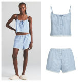 New Buttoned Lace Trim Striped Slim-Fit Camisole Set