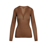 Sheer  ribbed knit V-neck buttoned long-sleeve top T-shirt henley shirt