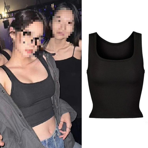 Influencer I*M*S Ouyang Nana's same style tank top with square neckline, high elasticity, ribbed sports short camisole