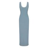 SOFT LOUNGE Lace Floral Stretch Dress Ribbed Backless Strap Long Dress