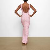 SOFT LOUNGE Lace Floral Stretch Dress Ribbed Backless Strap Long Dress