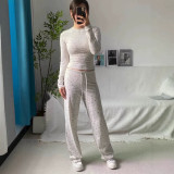im  Christmas print stretch ribbed knit high-waisted pants with square neckline and lace trim