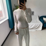 im  Christmas print stretch ribbed knit high-waisted pants with square neckline and lace trim