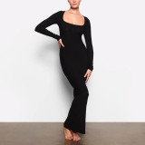 -style pure and alluring slim-fit bodycon black square-neck long-sleeve dress for women