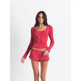 Christmas limited edition ins-style pure and desirable French floral U-neck long-sleeve top and lace shorts set